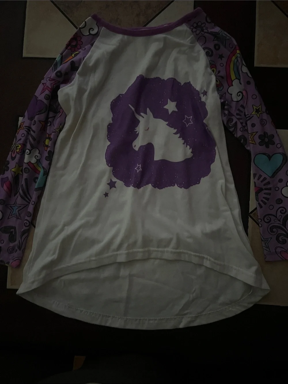 Girls White & Purple Unicorn Raglan Sleep Top
